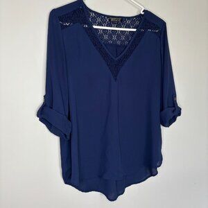 PAPERMOON Stitch Fix V-Neck Roll Tab Sleeve Tunic Womens PL Crochet Flowy Blue